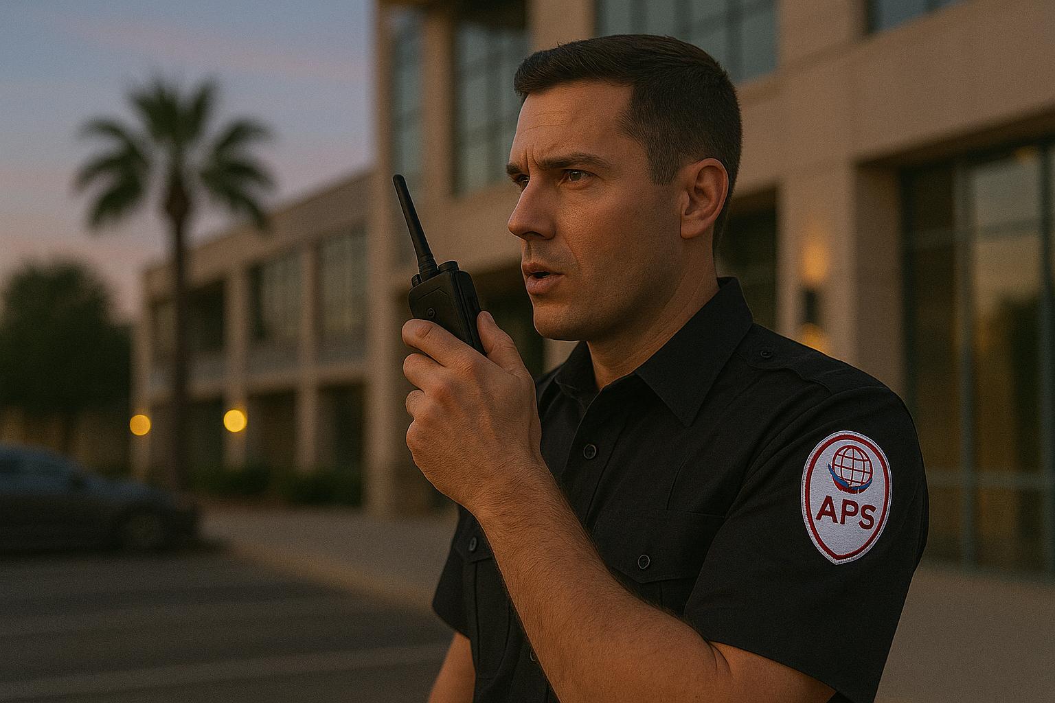 APS protection officer on the radio at dusk