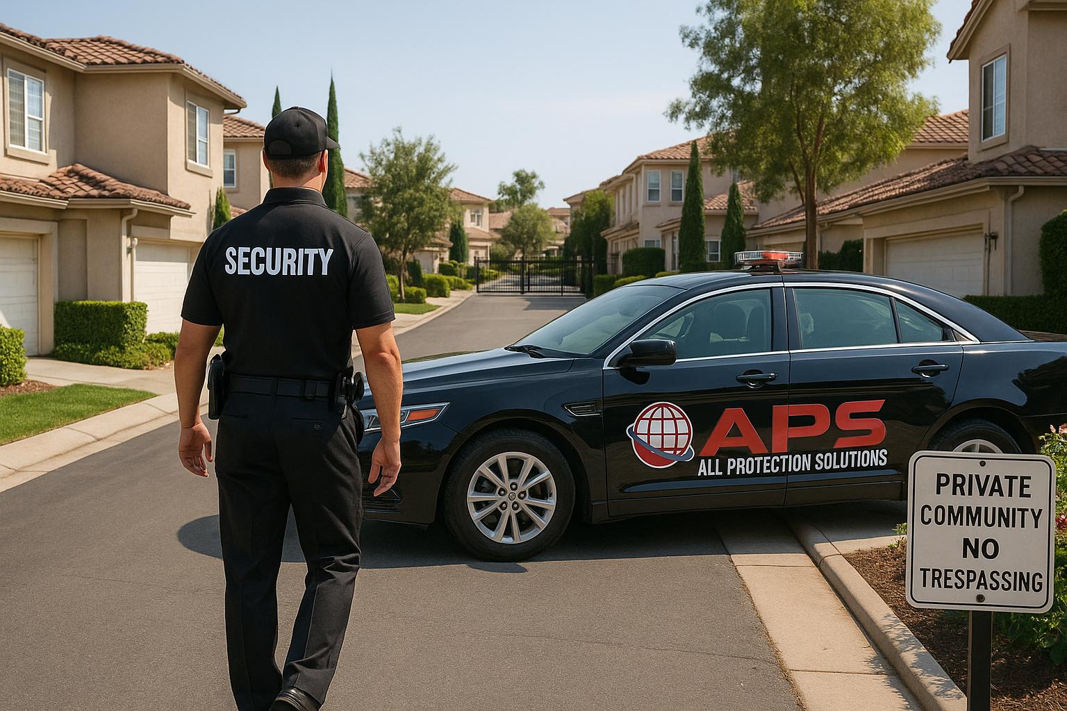 APS security guard patrolling a gated HOA community