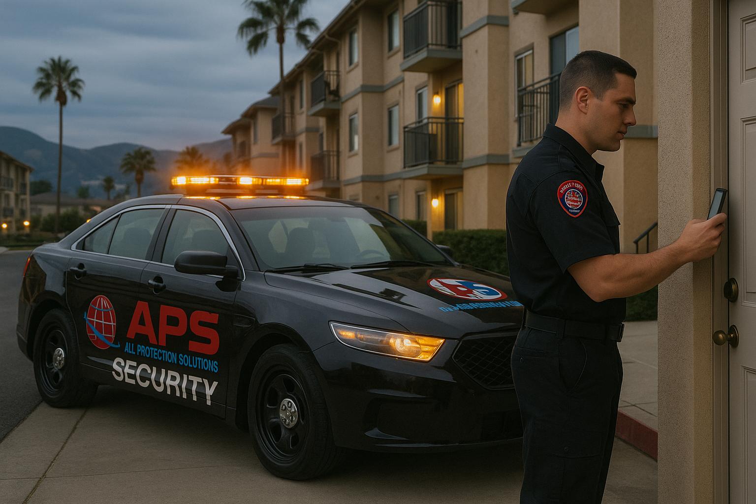 APS mobile patrol officer checking a door at night next to a marked patrol car