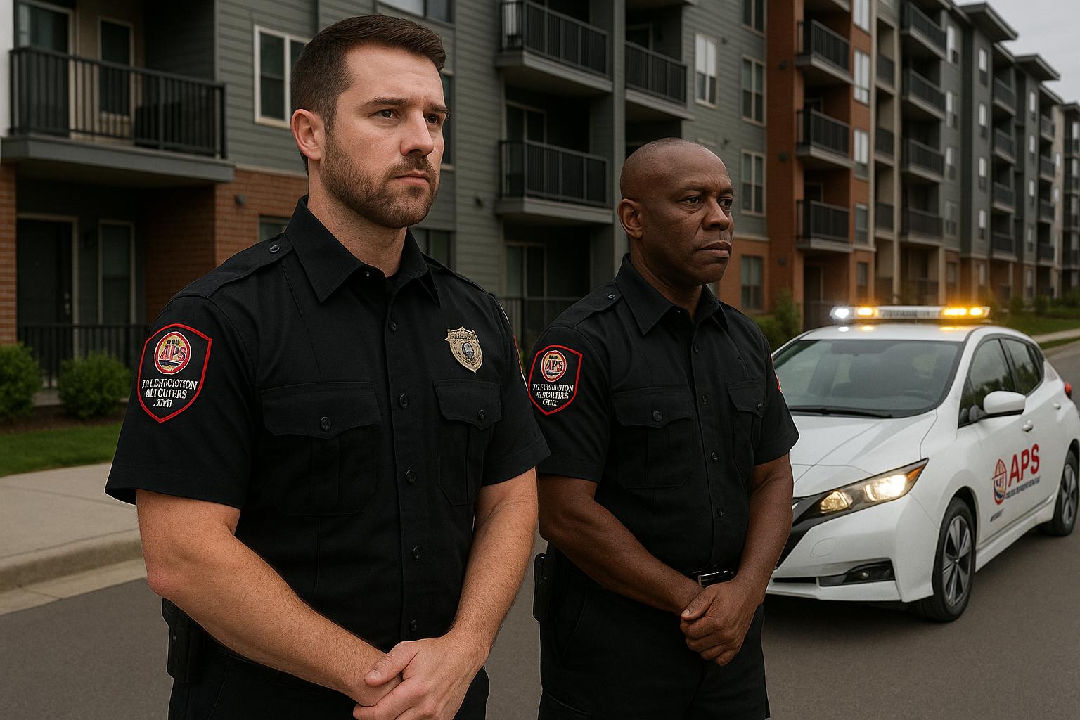 Two uniformed APS unarmed security officers at an apartment community
